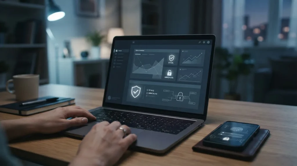 A secure casino account on a laptop beside a phone and identity-check symbols