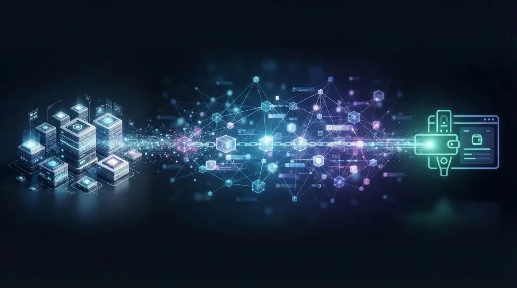 Crypto funds moving from a casino account through a blockchain network to a personal wallet