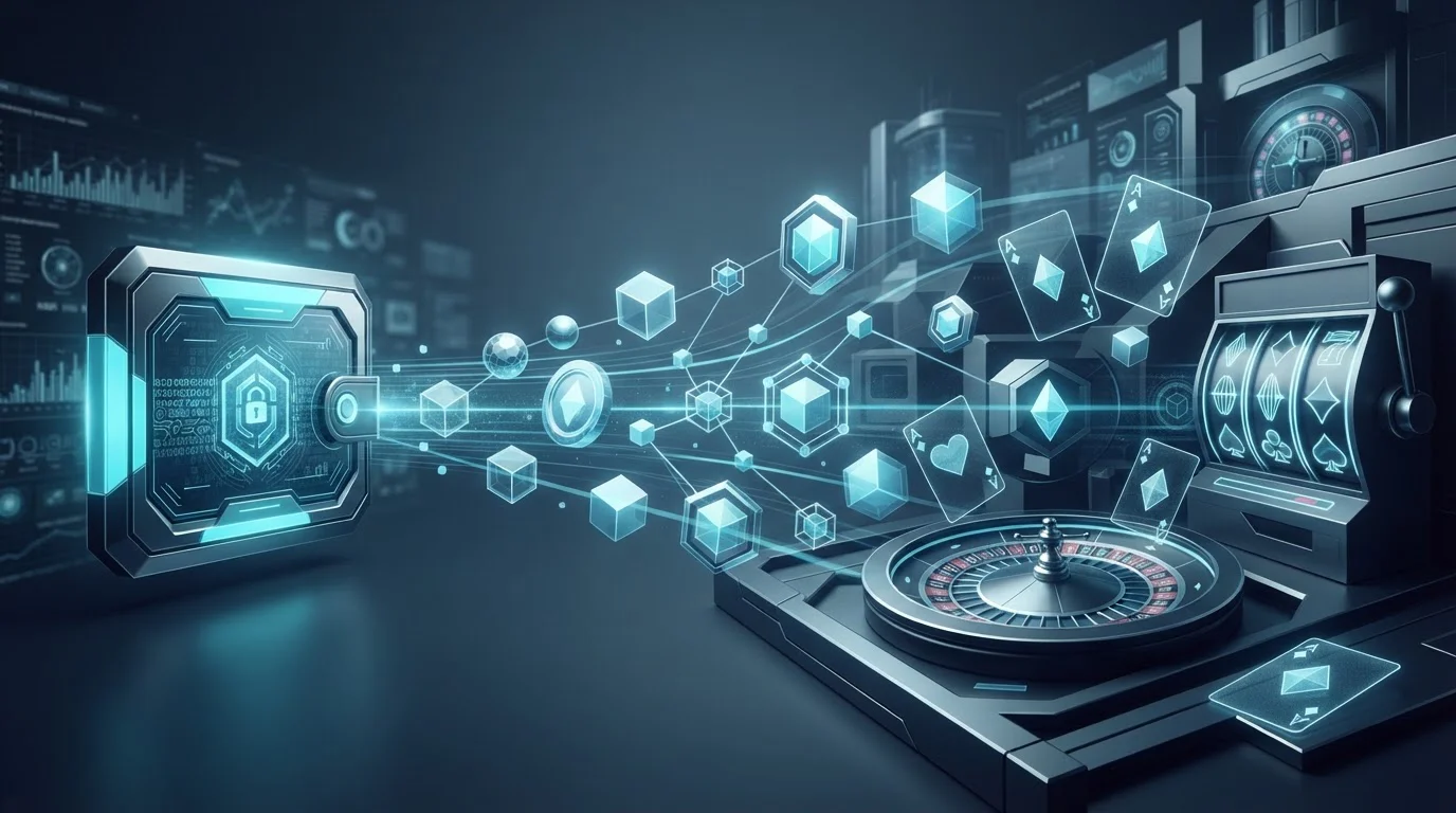 Crypto tokens moving between a digital wallet and casino game symbols
