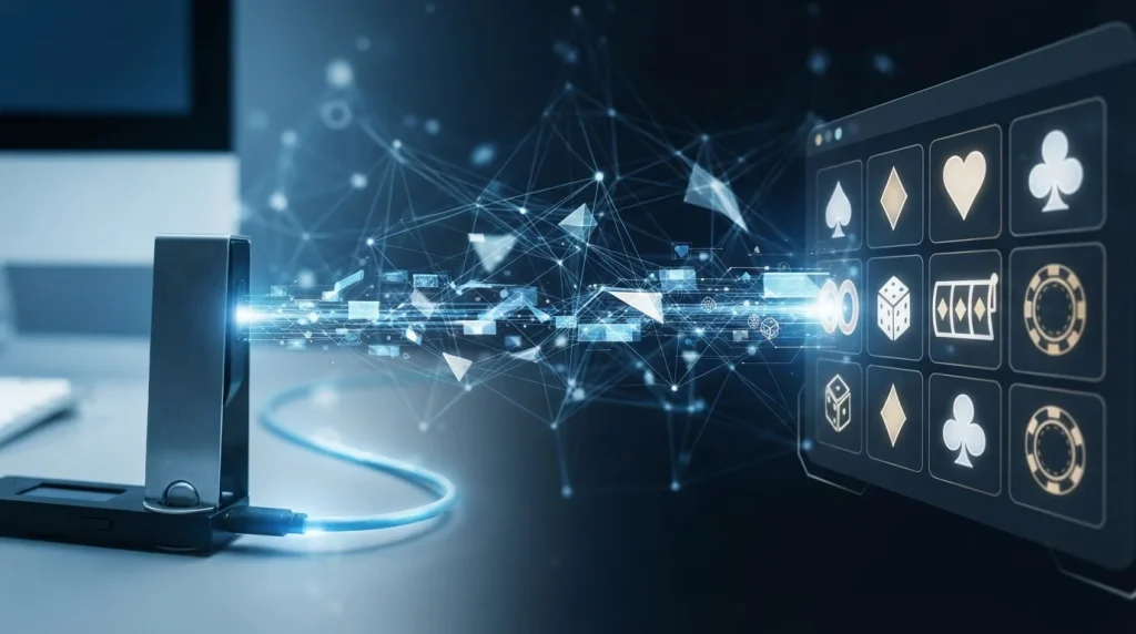 A crypto wallet sending funds through a blockchain network to a casino account