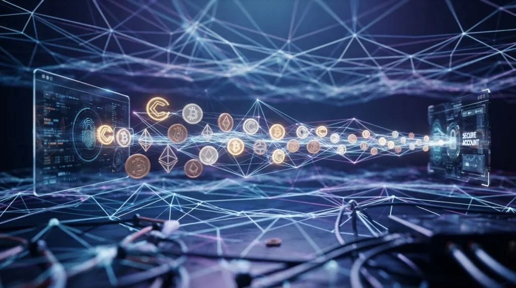 Crypto coins moving between a wallet and a casino account across a blockchain network