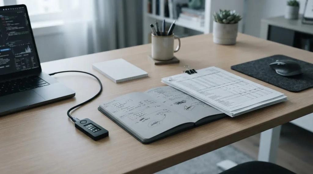 Gaming records, transaction documents and a secure digital ledger on a desk