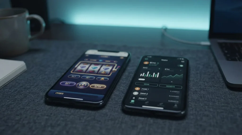 A smartphone showing a casino interface beside a secure crypto wallet screen