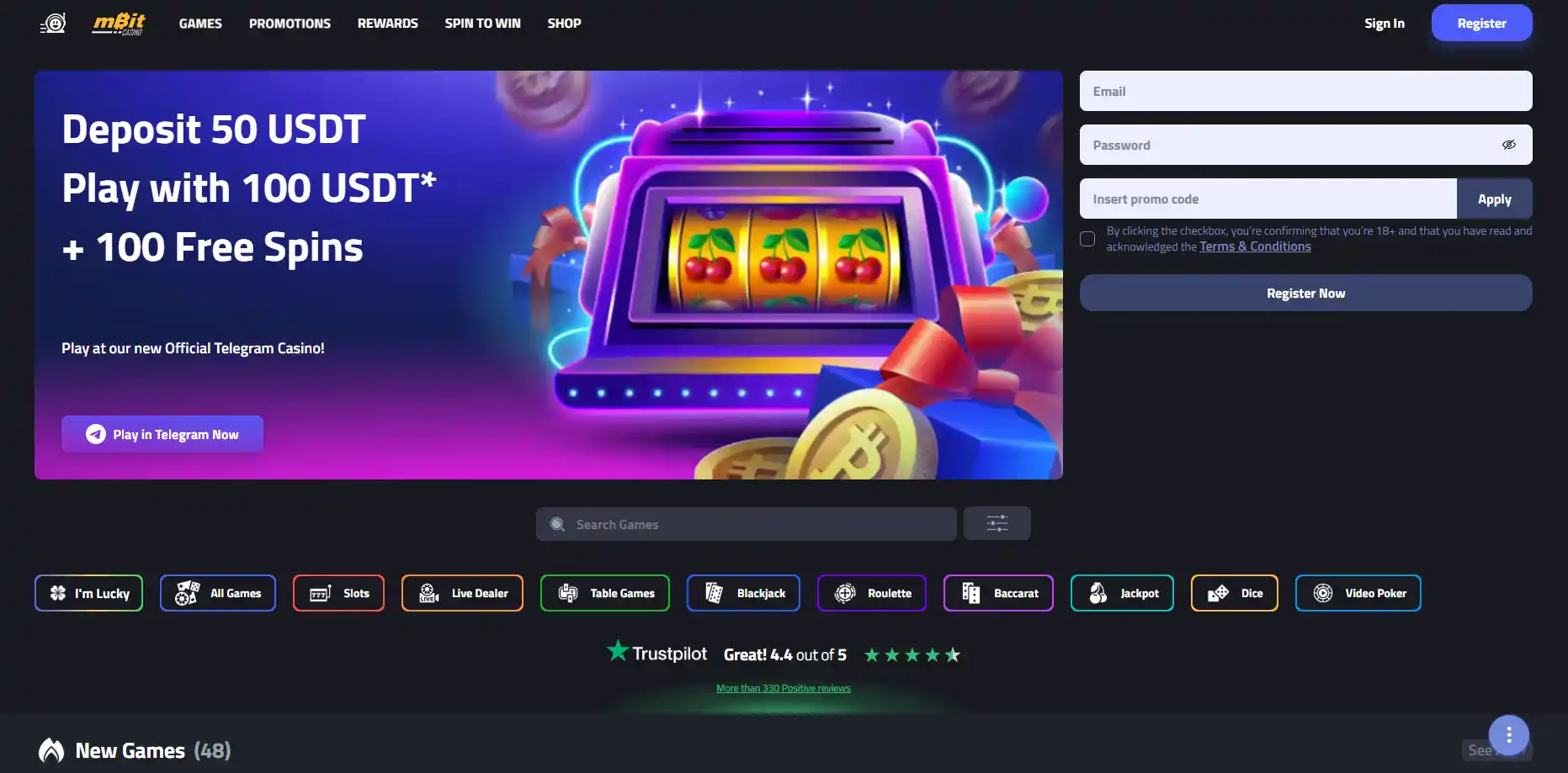 mBit homepage with casino navigation and game lobby